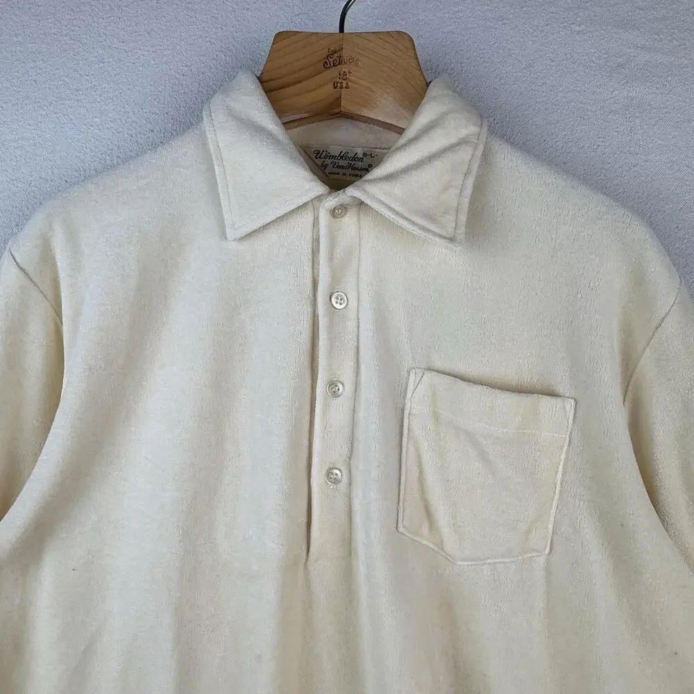 60-70s Vtg Van Heuson Wimbledon Velour Mens L Long Sleeve Polo Shirt Cream *Read